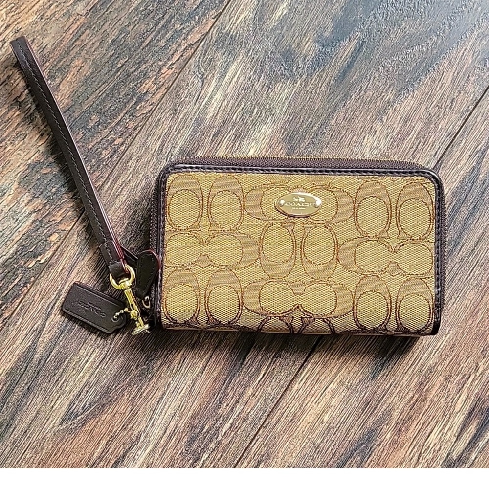 Vintage Coach Signature Canvas Wristlet Wallet in Tan and Brown